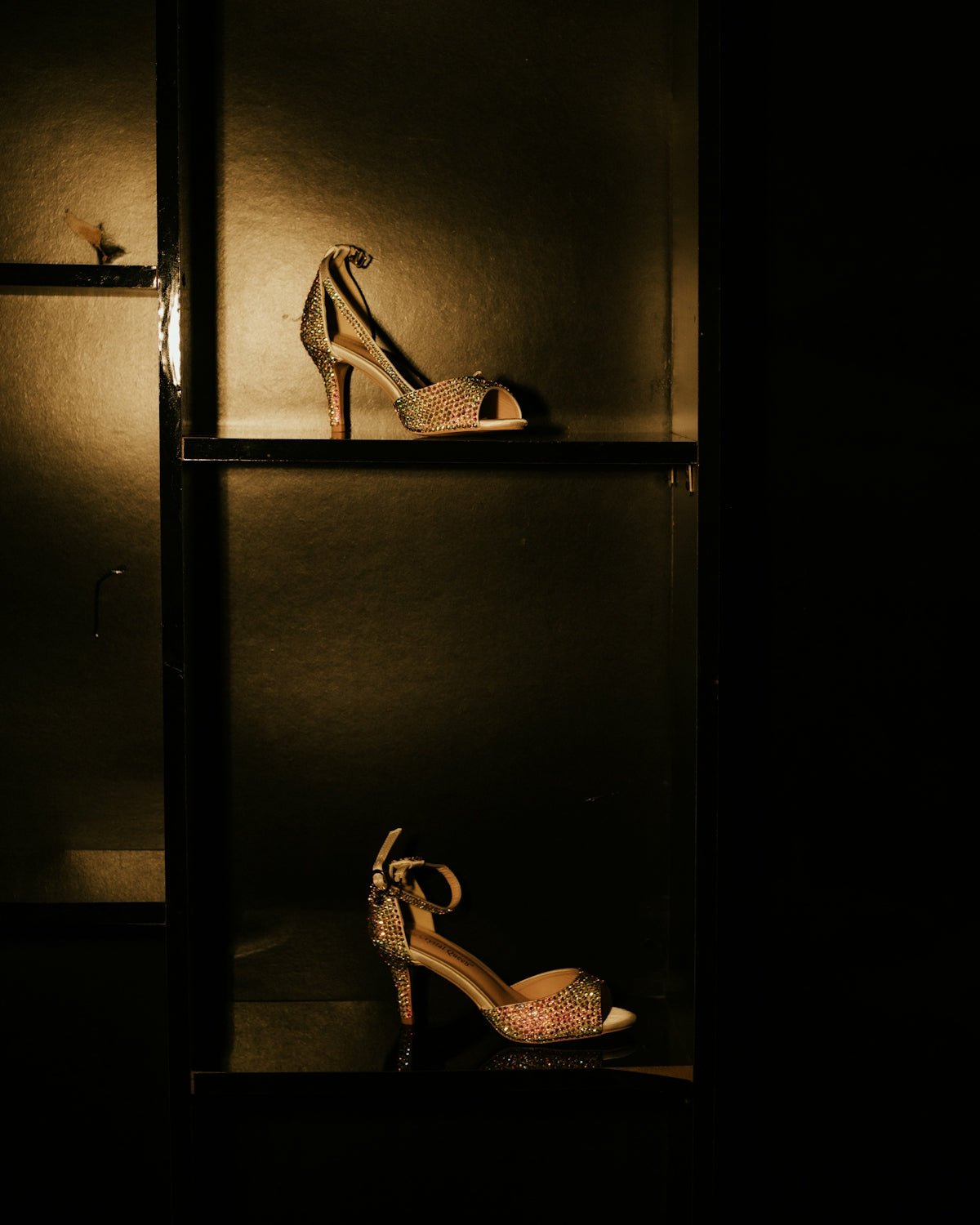 Two sparkling high-heeled shoes displayed in dark shelves