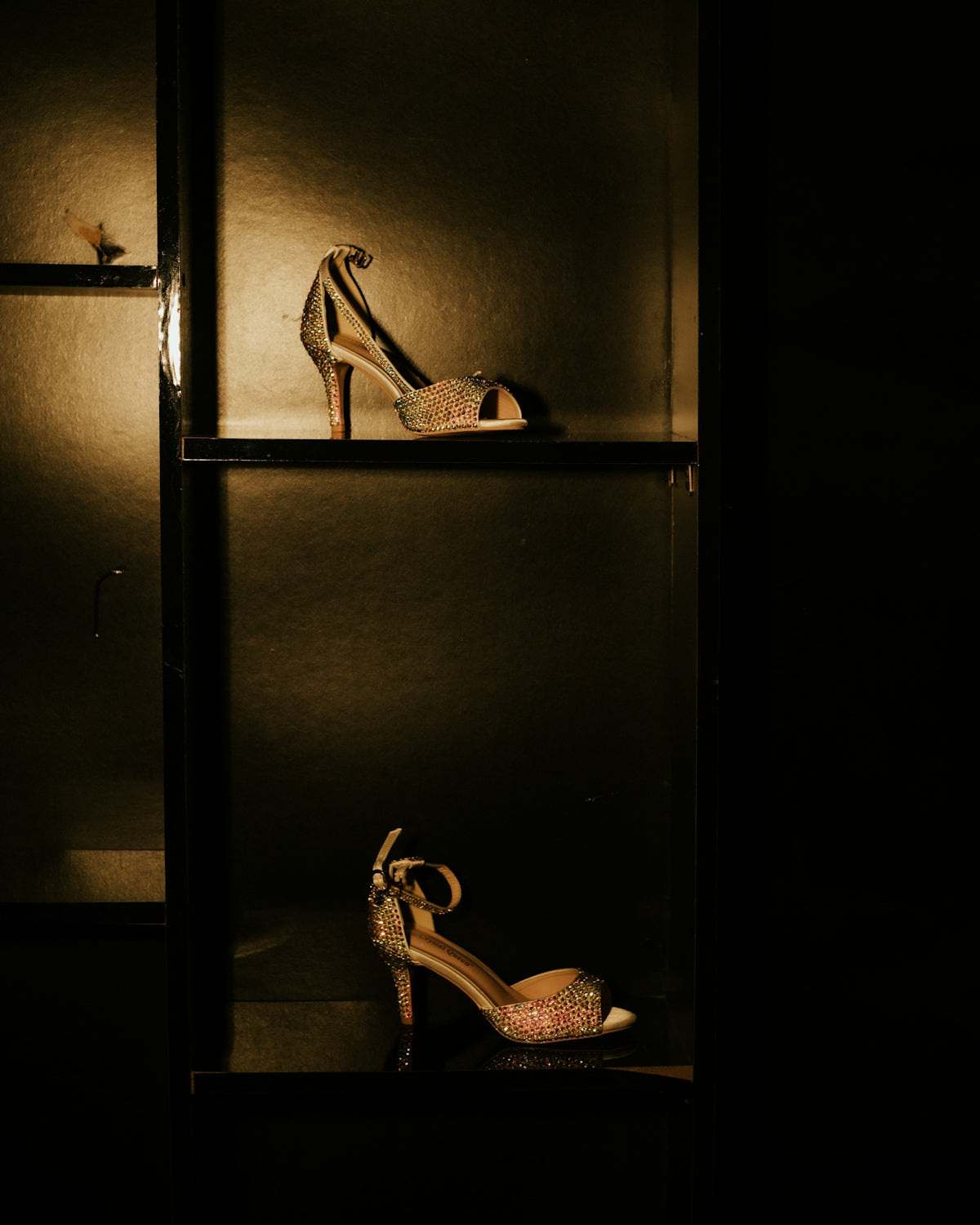 Two sparkling high-heeled shoes displayed in dark shelves
