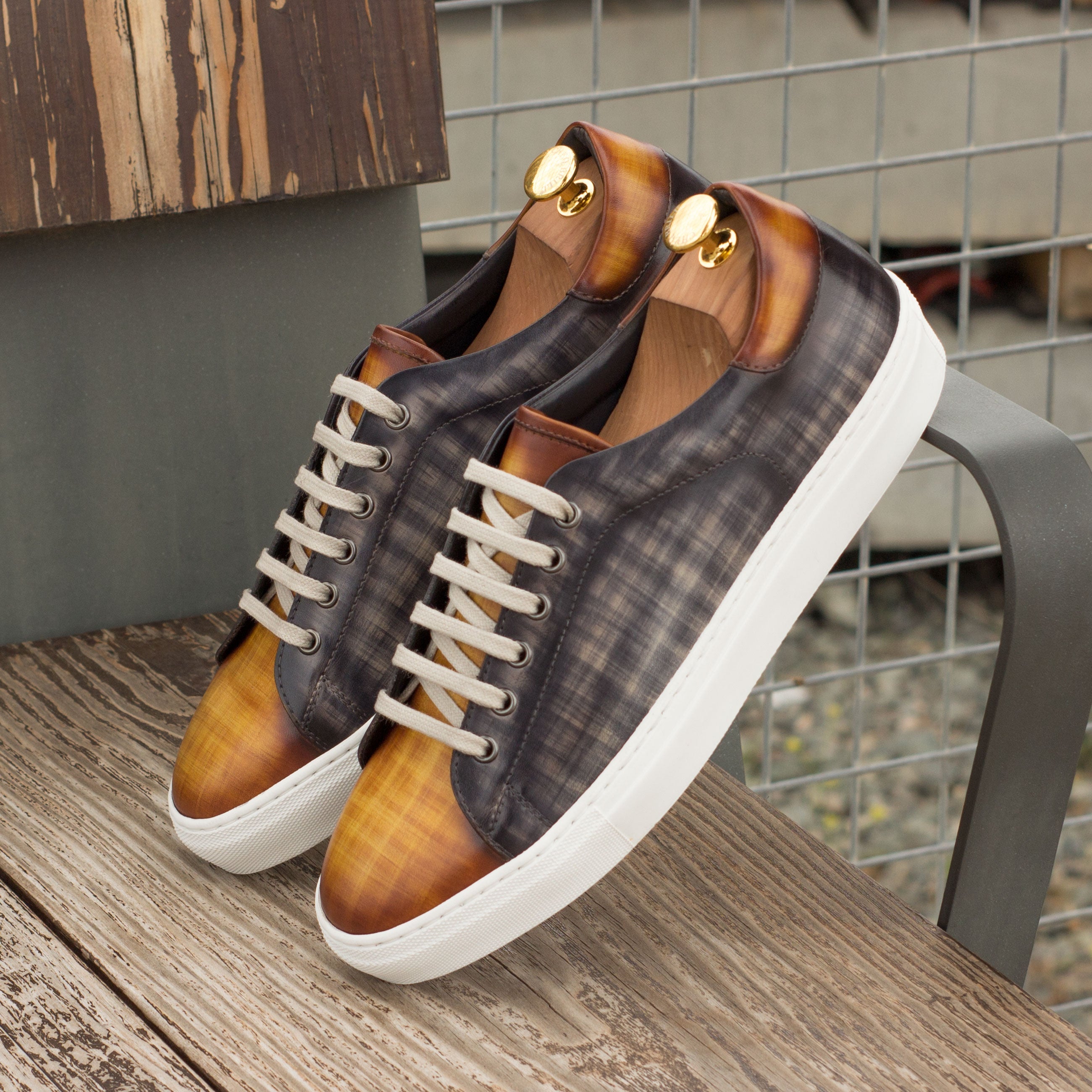 Dimaro - Grey / Cognac Men's Hand-Painted Italian Dress Sneakers