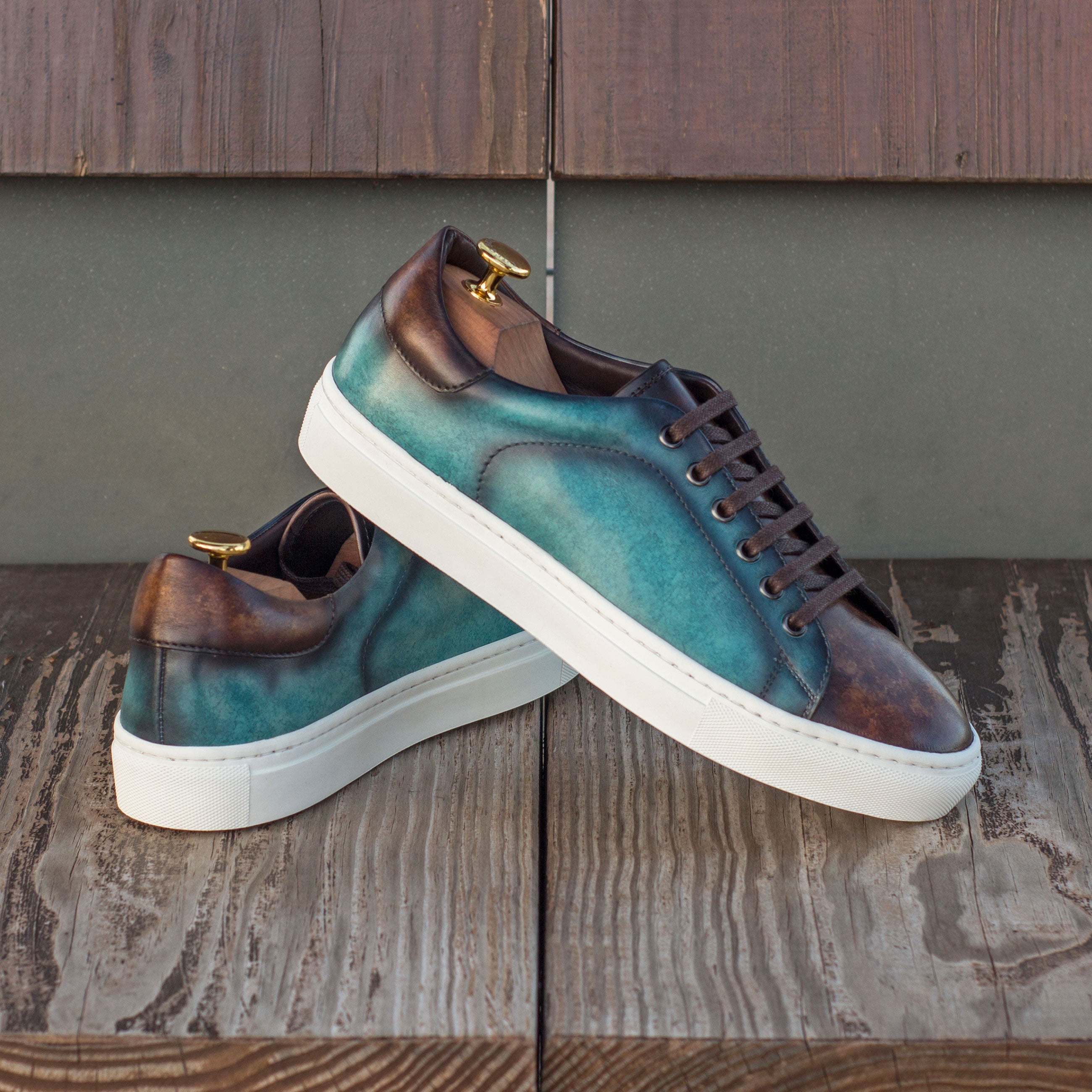 Dimaro - Denim / Dark Brown Men's Hand-Painted Italian Dress Sneakers