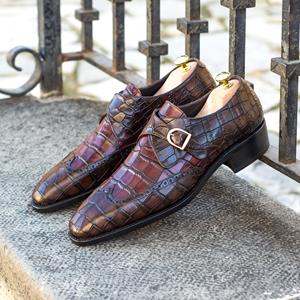 Trolan - Crocodile print embossed leather single monk strap dress shoes