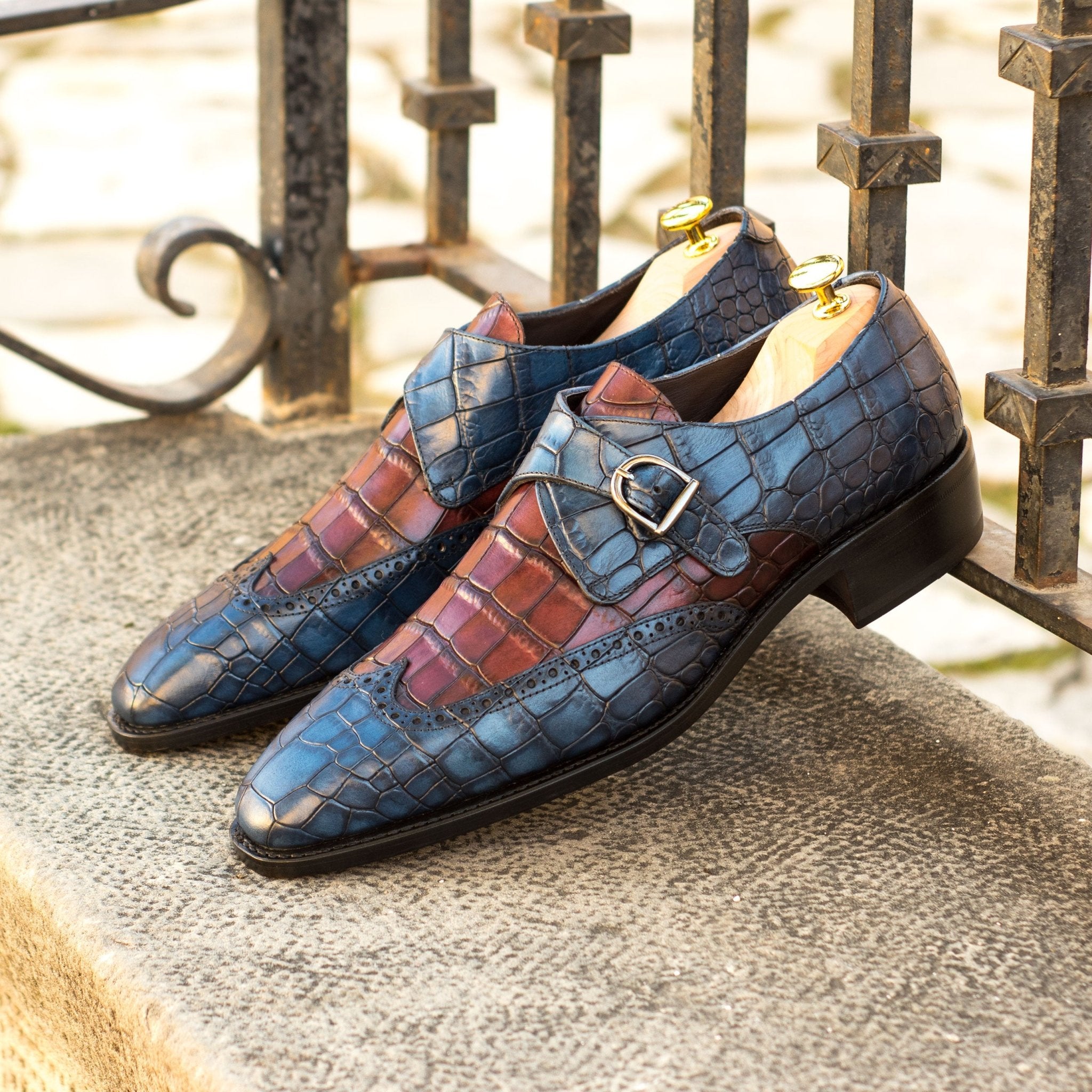 Trolan - Crocodile print embossed leather single monk strap dress shoes