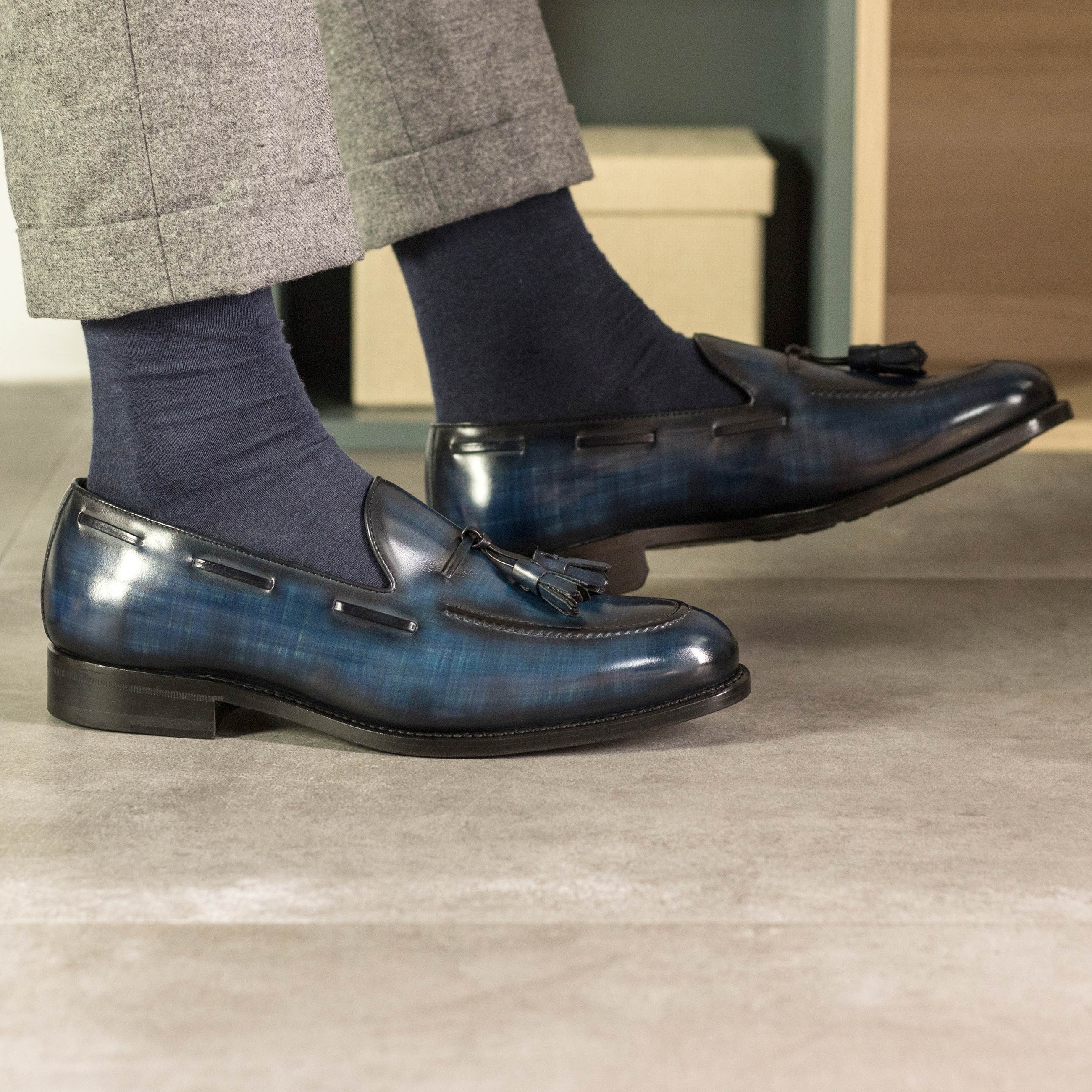 Lupo 2 - Elegant Patina denim Navy loafers for men