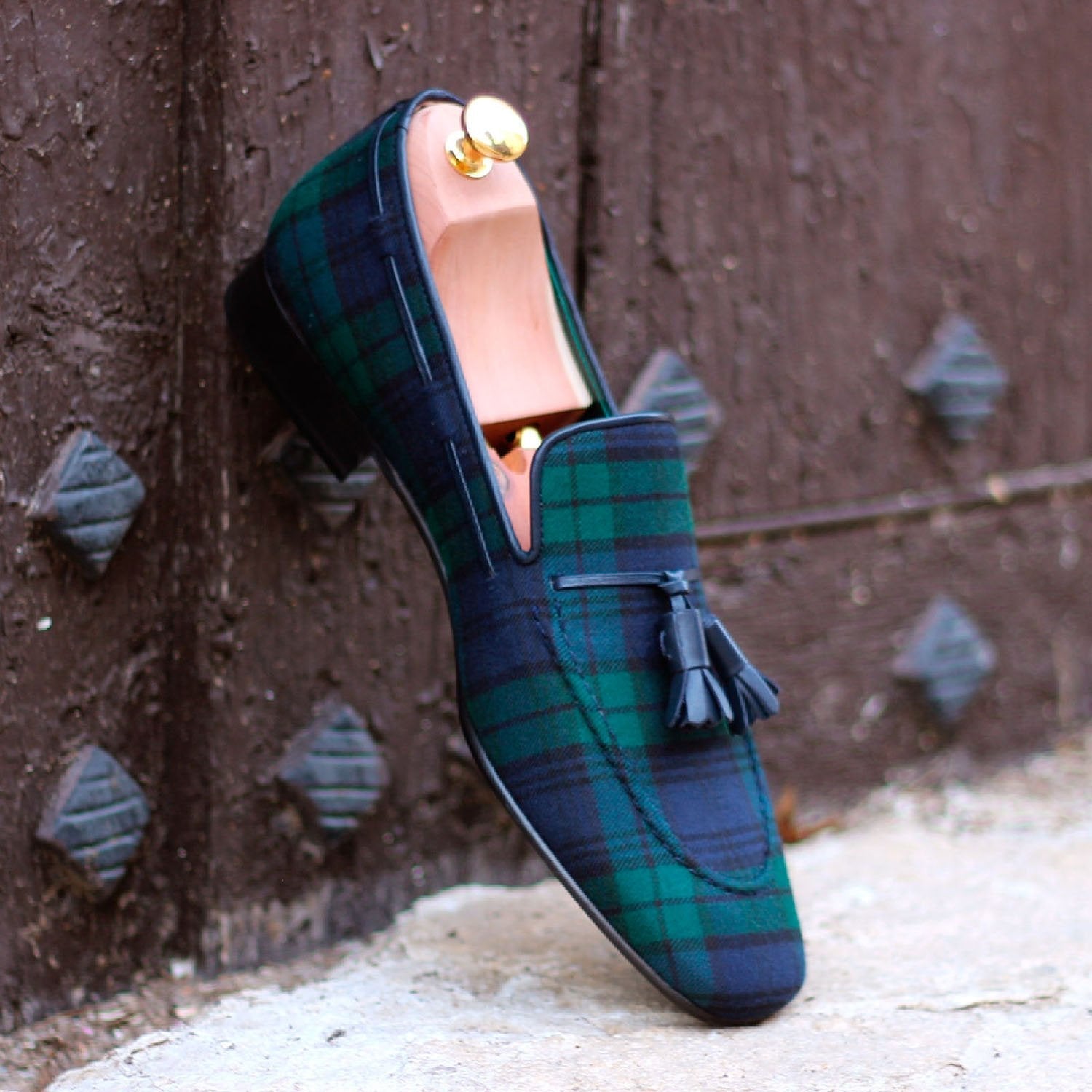 Ambrogio Bespoke Men's Handmade Custom Shoes Blue & Green Blackwatch Sartorial Fabric Drake Tassels Loafers (AMB1727)-AmbrogioShoes