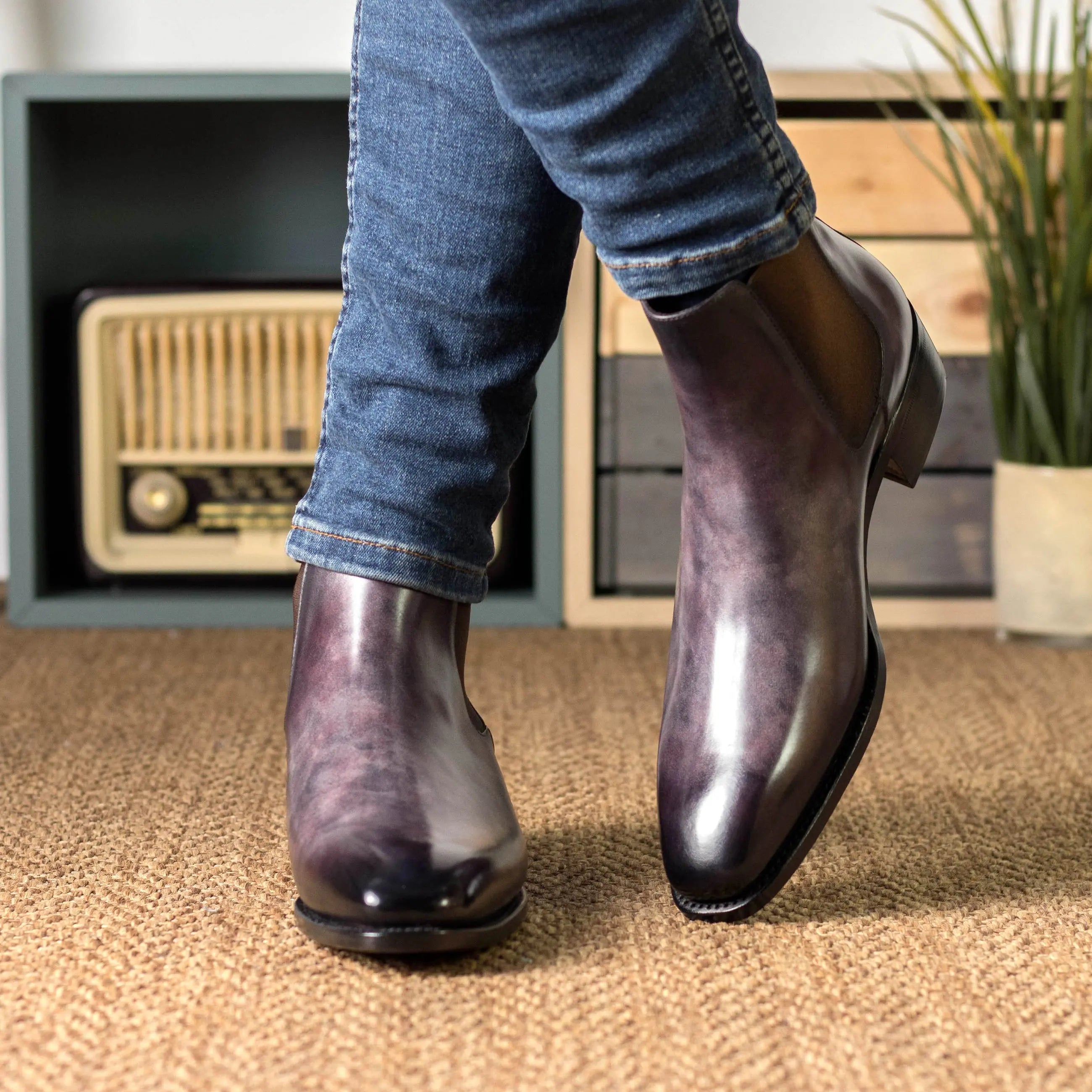 Zyana - Aubergine/Purple Men's Hand-Painted Patina Chelsea Boot