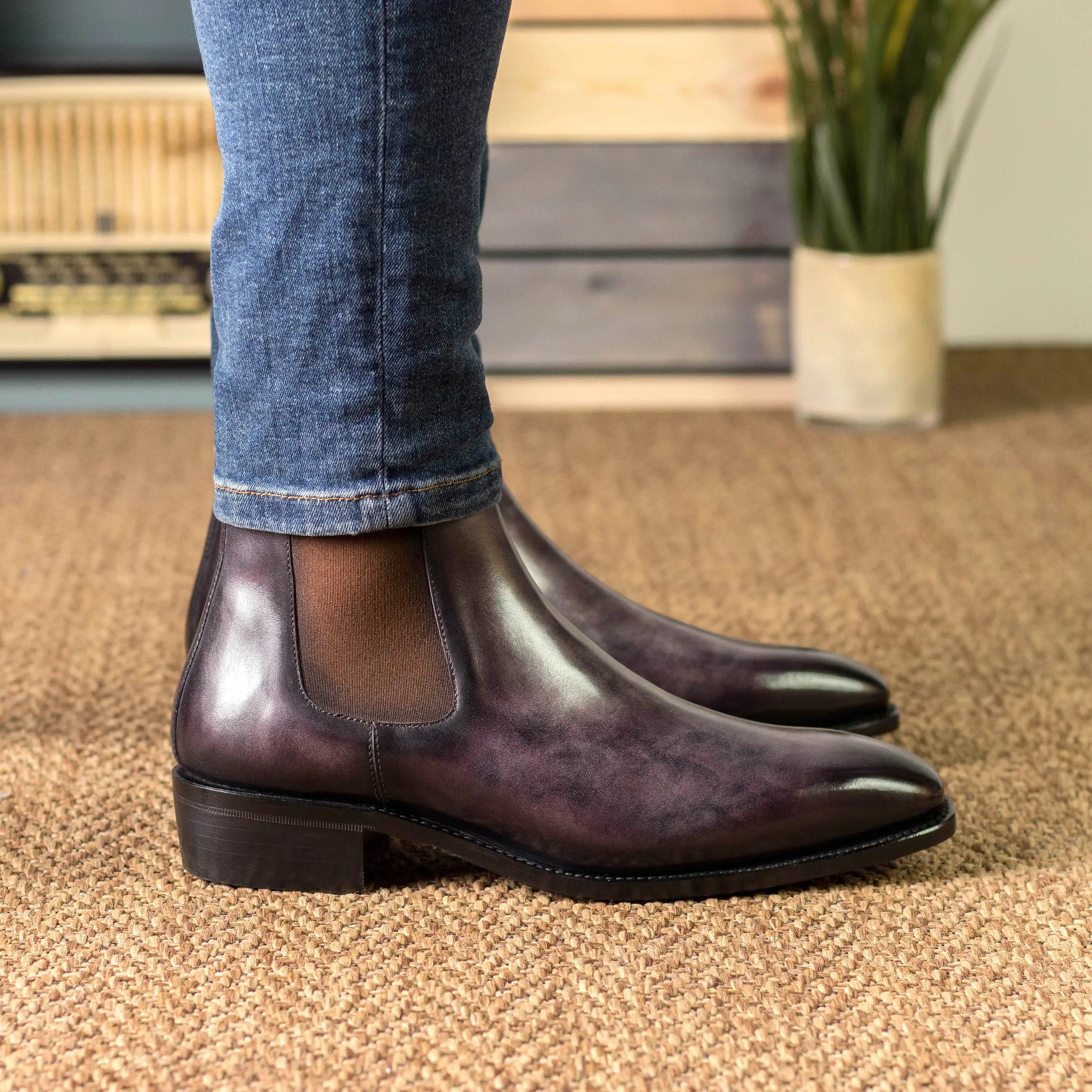 Zyana - Aubergine/Purple Men's Hand-Painted Patina Chelsea Boot