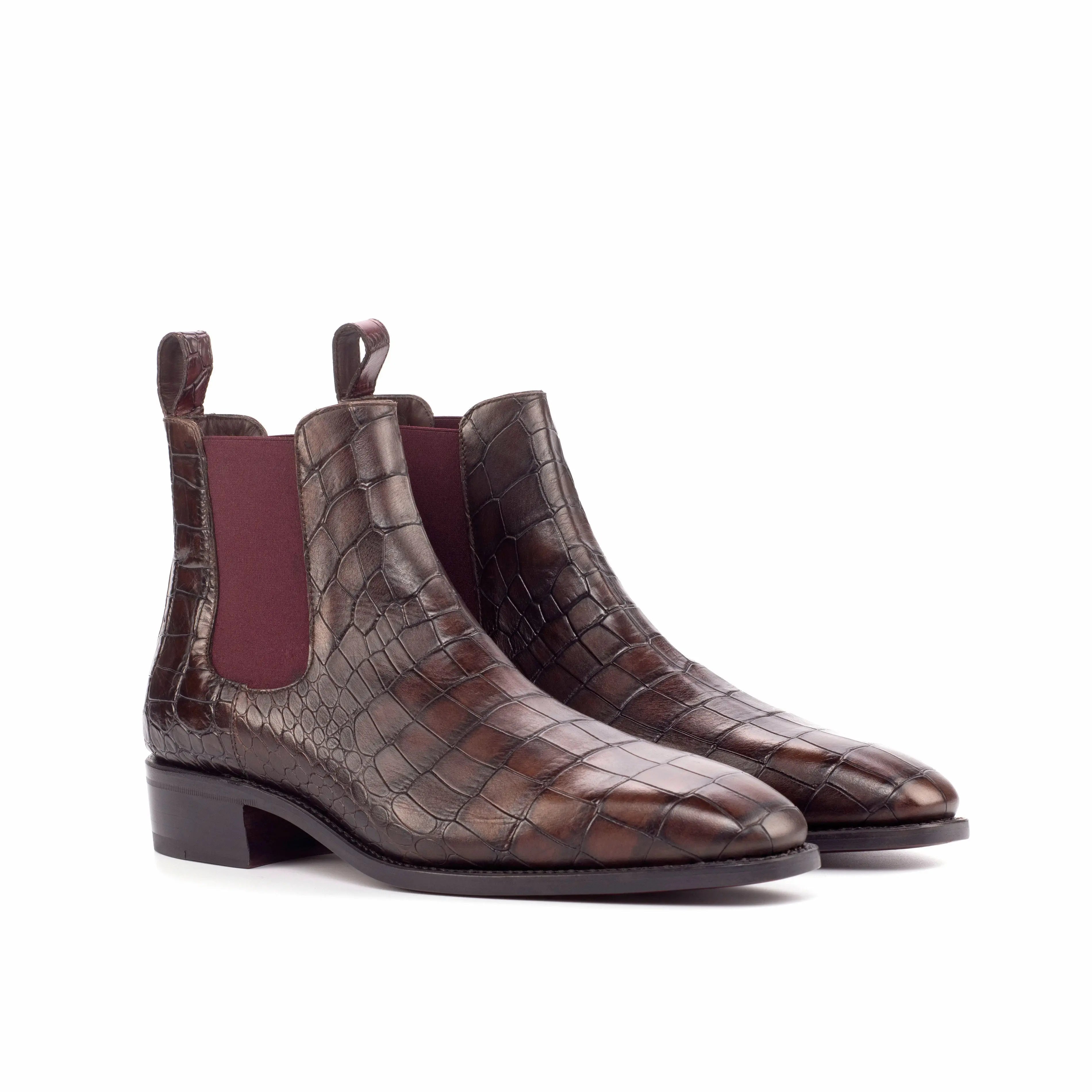 Cromo - Crocodile embossed Print Boots. brown Chelsea leather boots.