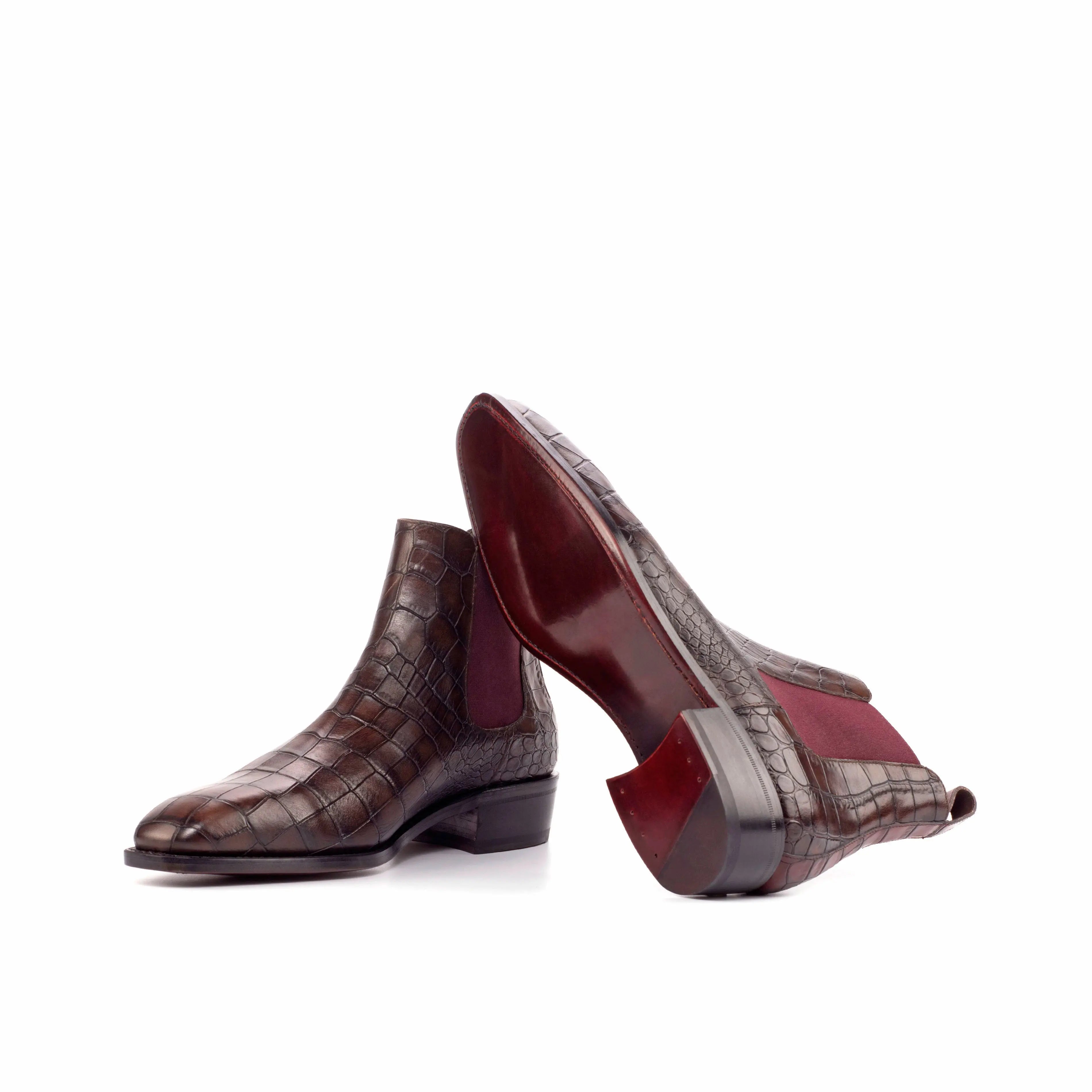 Cromo - Crocodile embossed Print Boots. brown Chelsea leather boots.