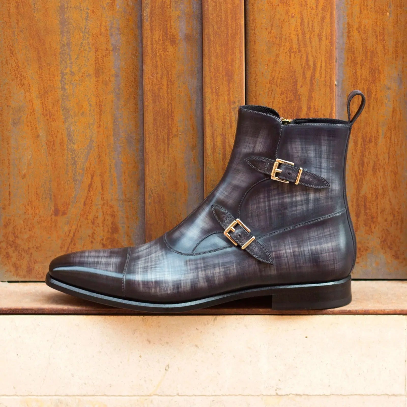 Varium - Red bottoms Grey Hand-Painted Patina Buckle Boots with zipper
