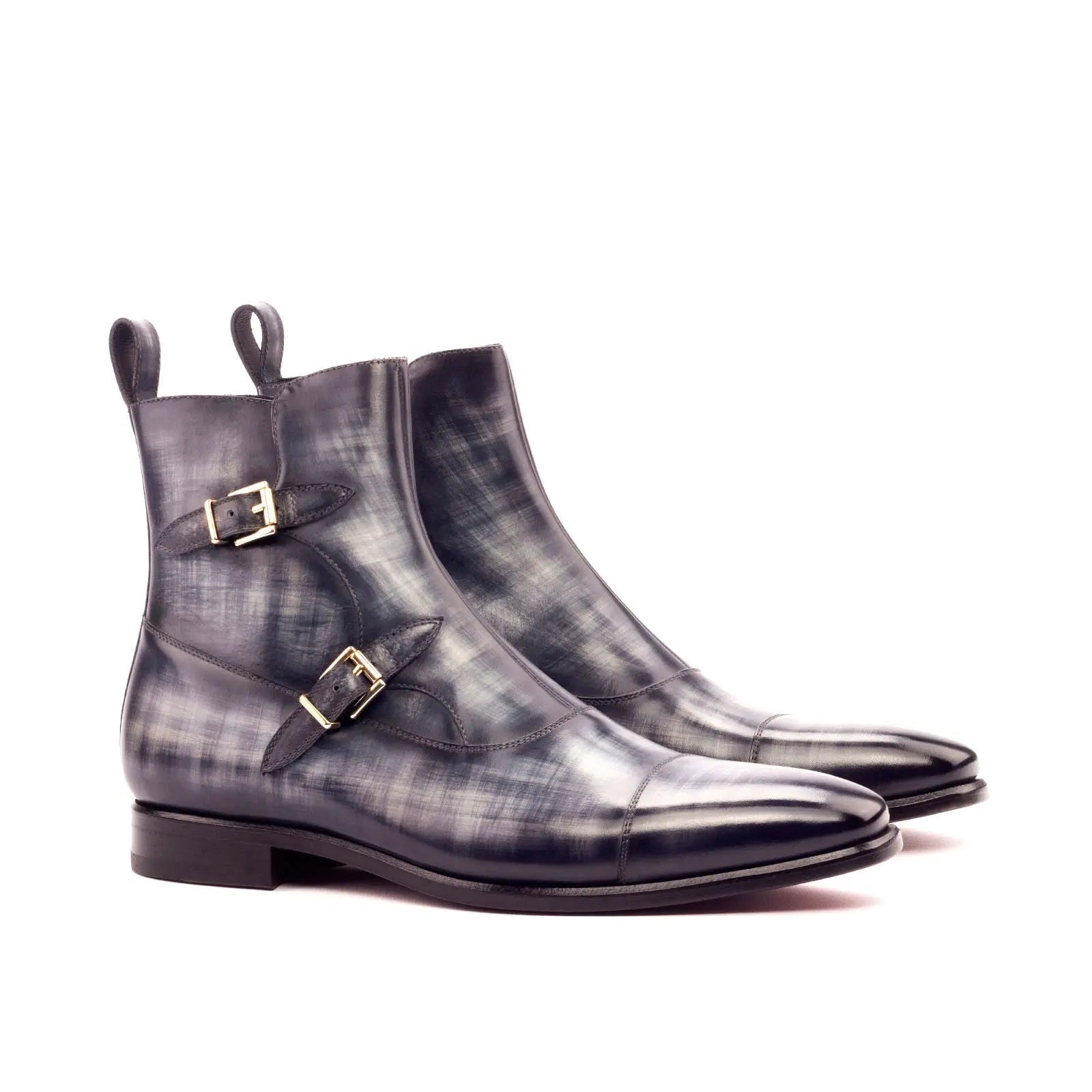 Varium - Red bottoms Grey Hand-Painted Patina Buckle Boots with zipper