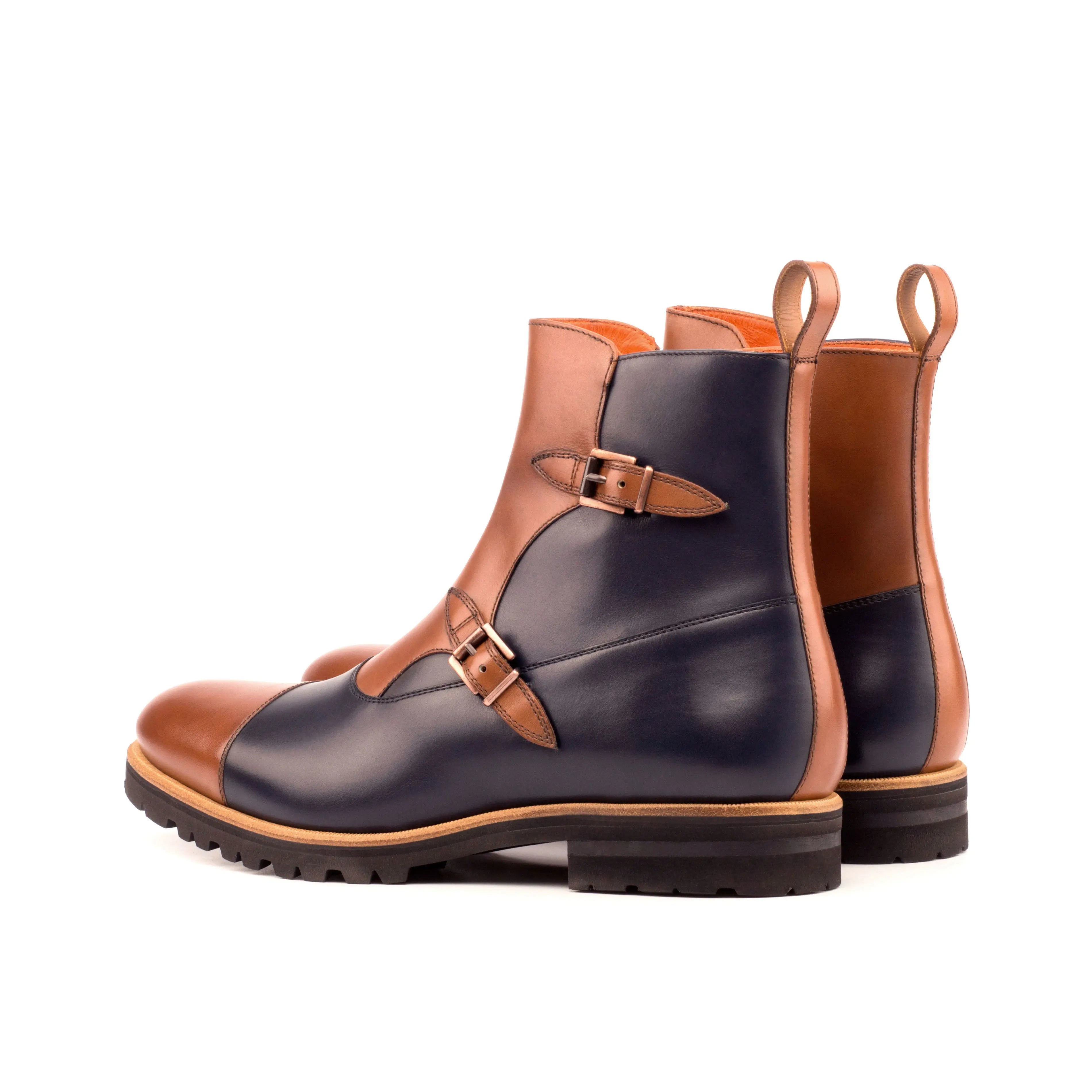 Varium - Two tone brown & navy Leather Buckle Boots for men