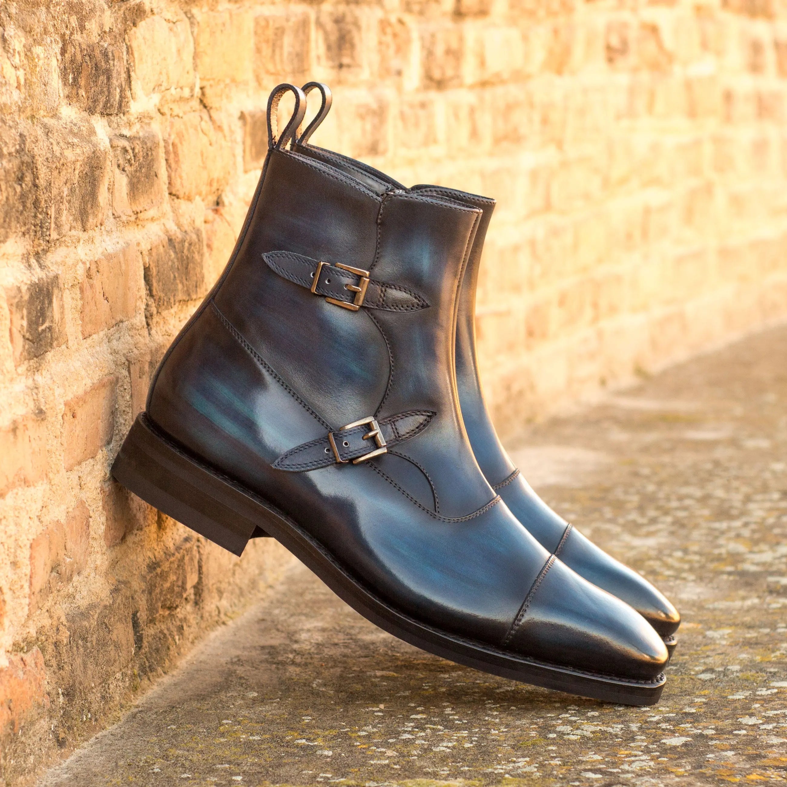 Varium - Navy Men's Leather Hand-Painted Buckle Boot