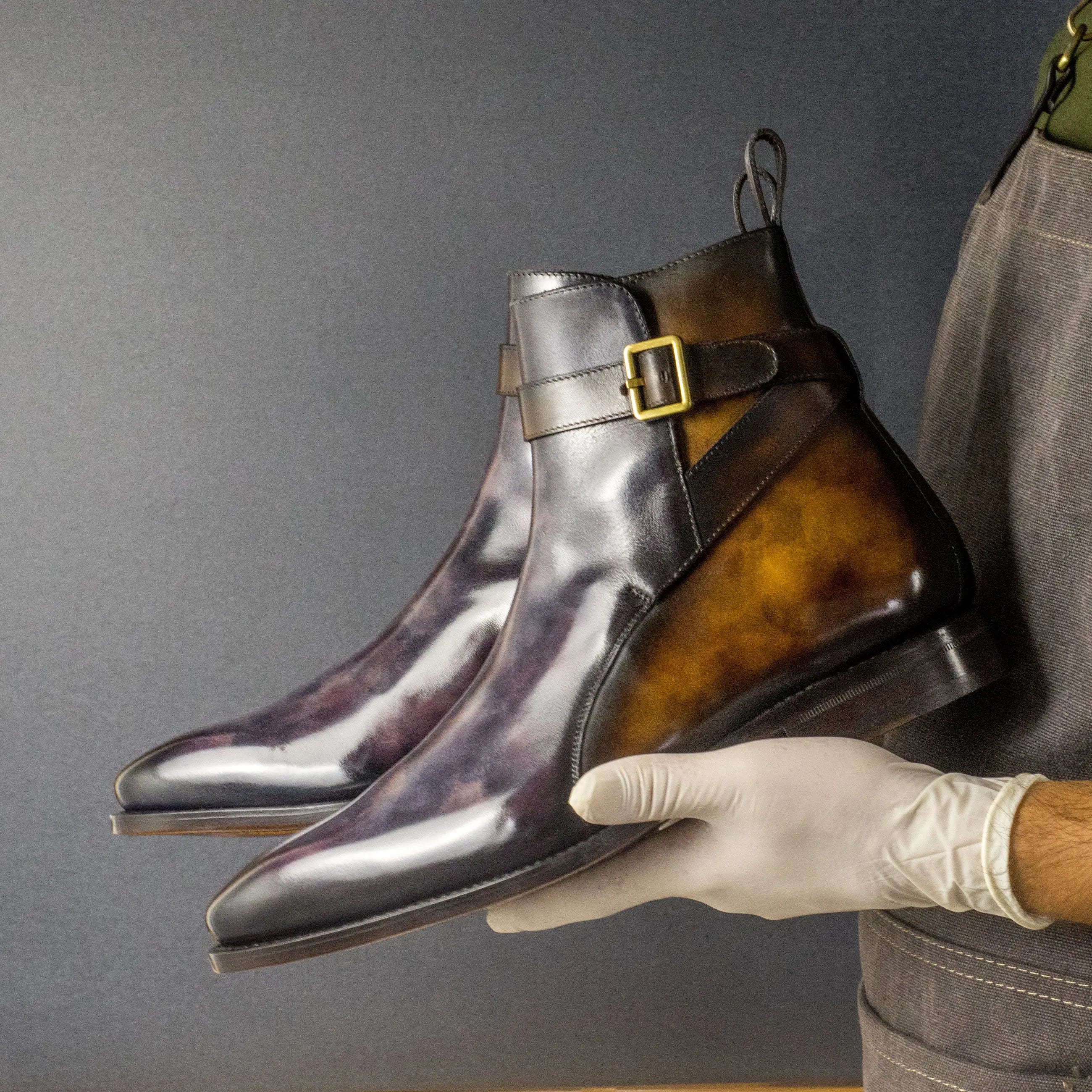 Pacina - Two tone patina purple & brown red bottoms boots. Jodhpur Boot