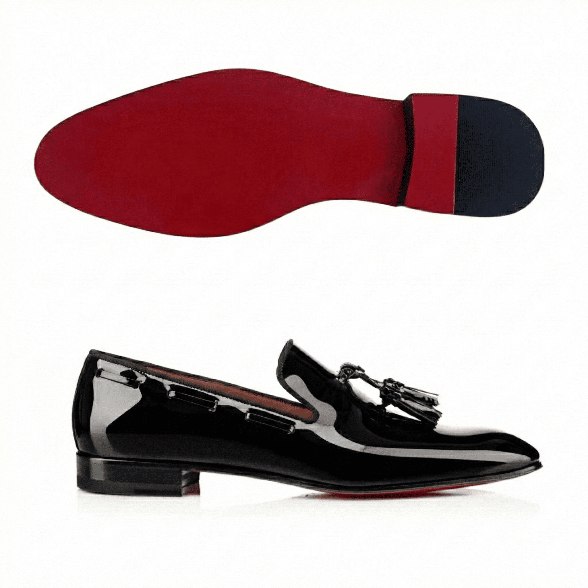 Black patent leather loafer with a red and black sole on a white background