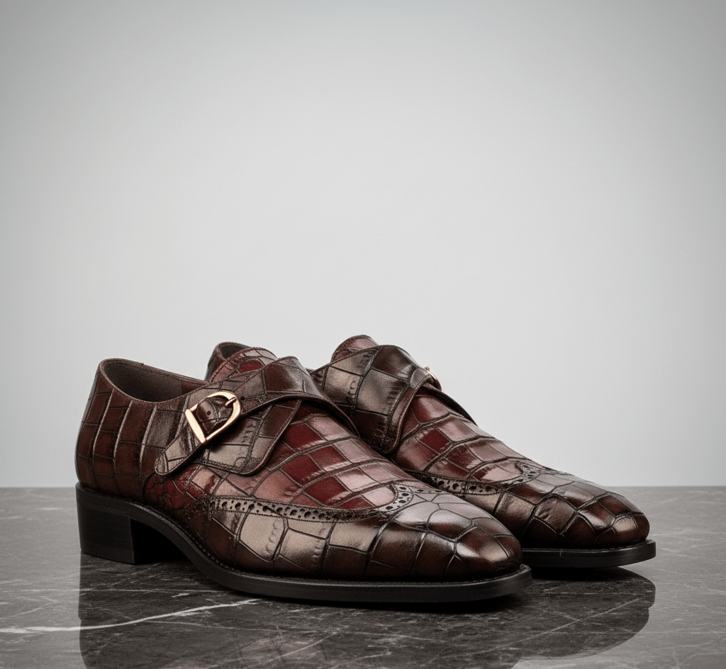 Pair of brown leather shoes with a decorative buckle on a gray surface.
