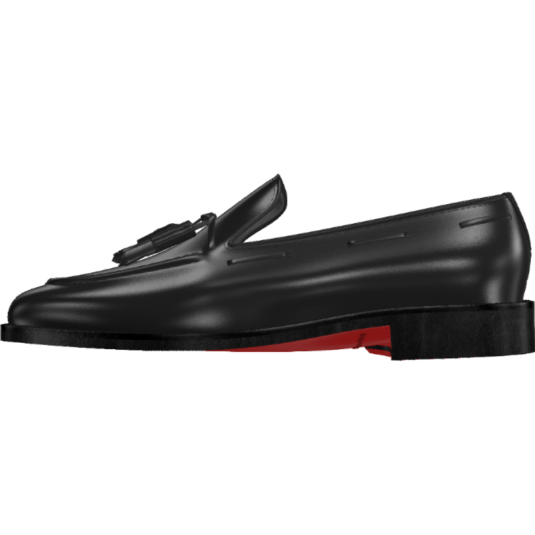 Black tassel loafers with a red bottom sole.
