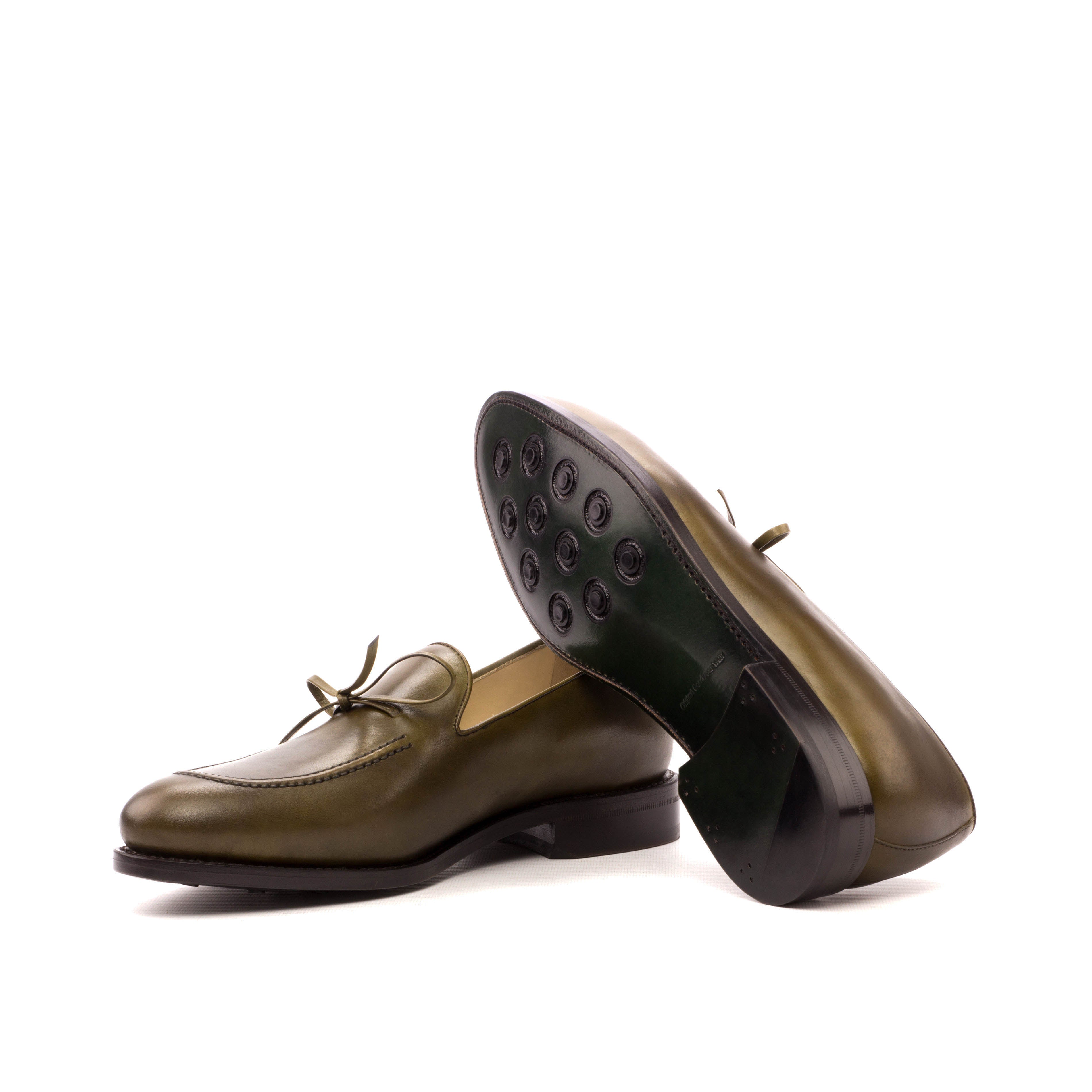 Alimo - Unique green Bow leather loafers for men. Handcrafted