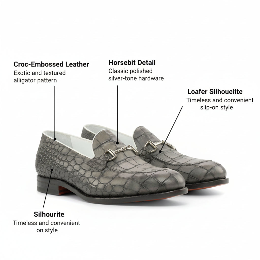 Alan - Grey Crocodile embossed leather loafers for men