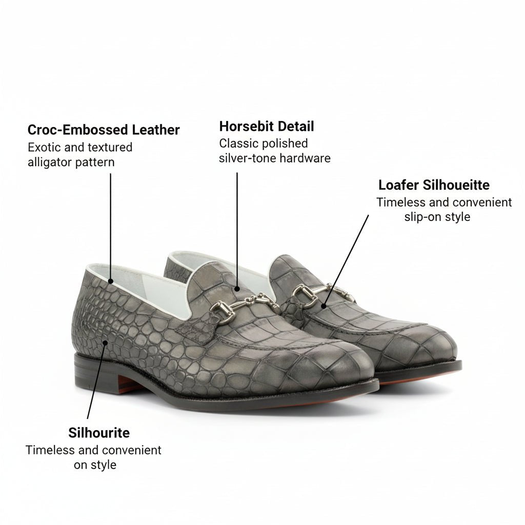 Alan - Grey Crocodile embossed leather loafers for men
