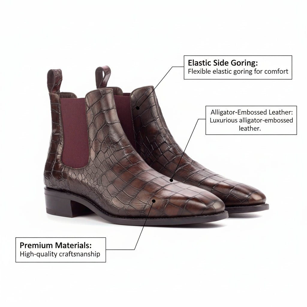 Cromo - Crocodile embossed Print Boots. red bottoms Chelsea leather boots