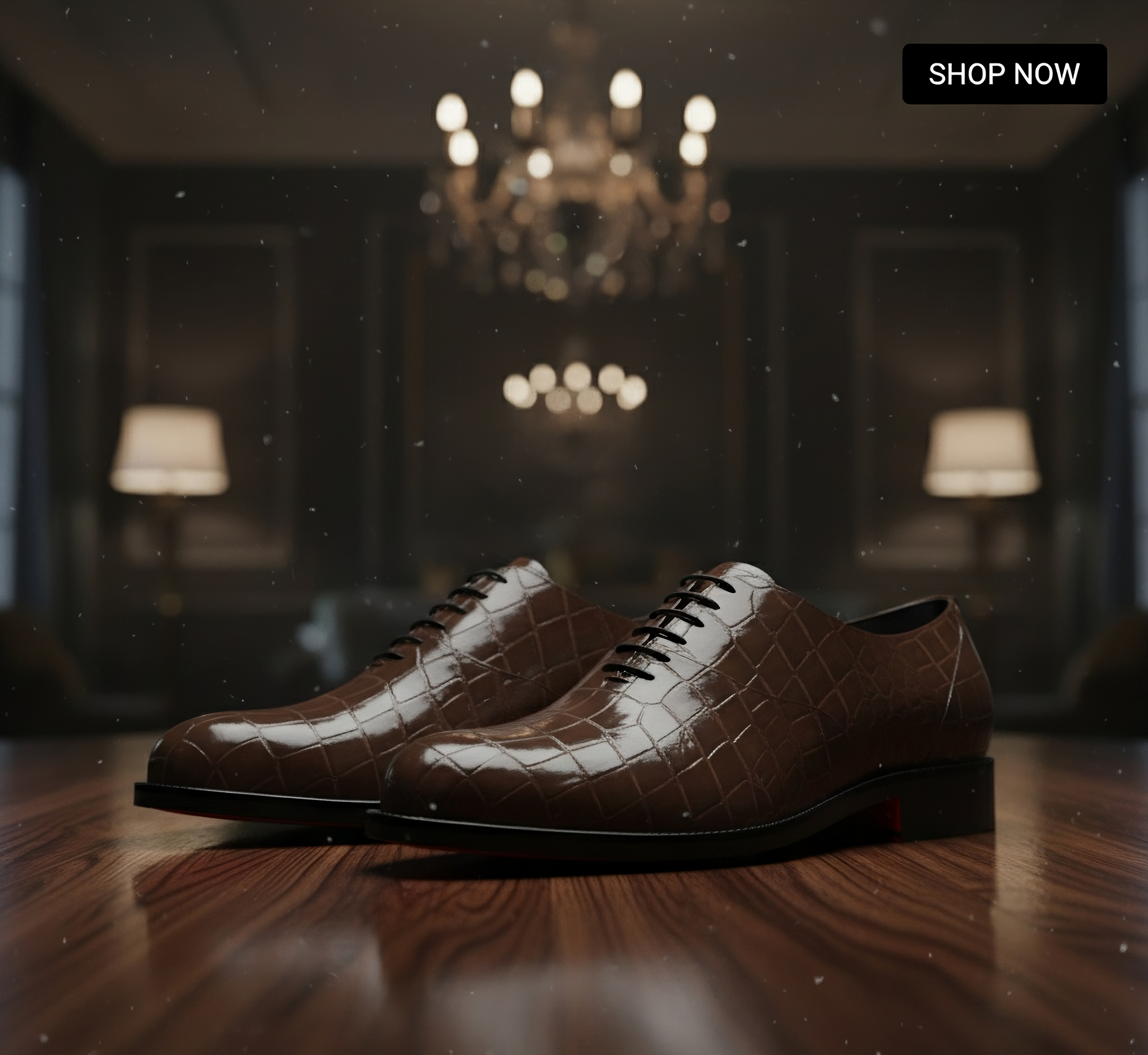 Brown leather shoes on a wooden table with a chandelier in the background
