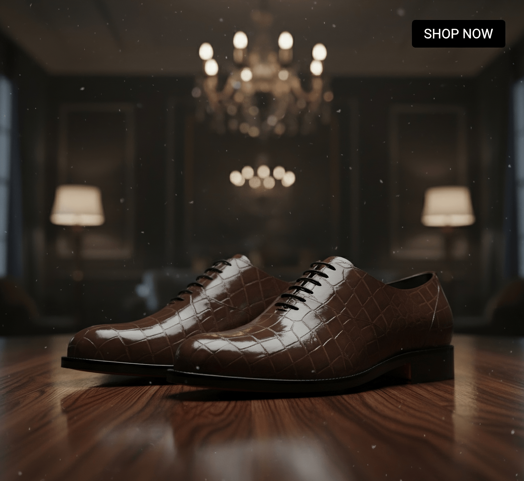 Brown leather shoes on a wooden table with a chandelier in the background