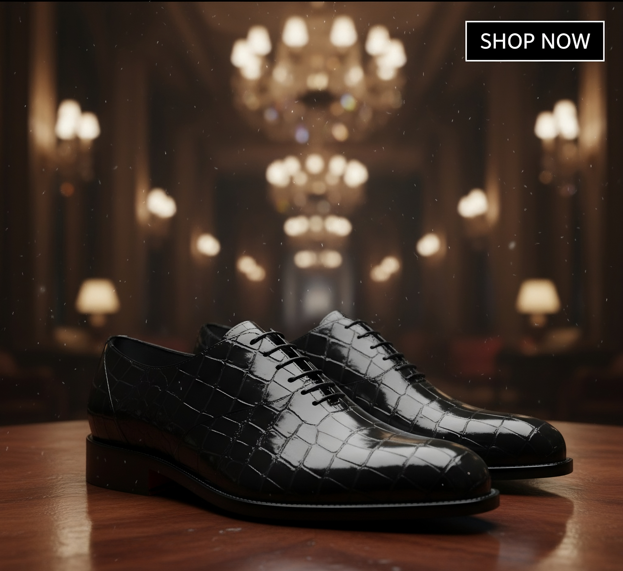 Black crocodile-patterned shoes on a wooden surface with a blurred background of lights.