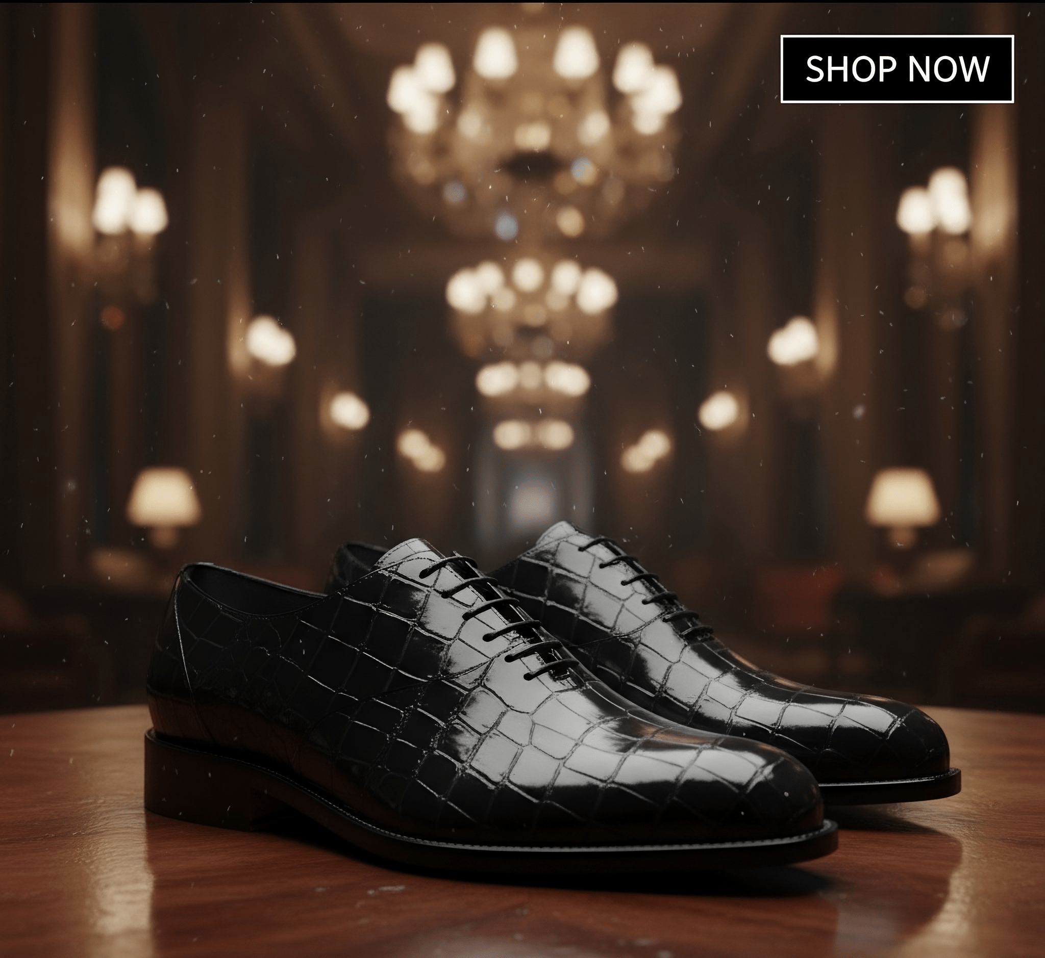 Black crocodile-patterned shoes on a wooden surface with a blurred background of lights.