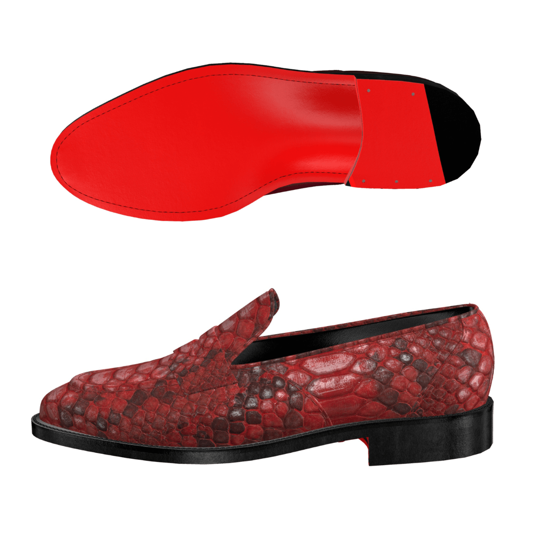 Red loafer shoe with a real exotic snake/python skin