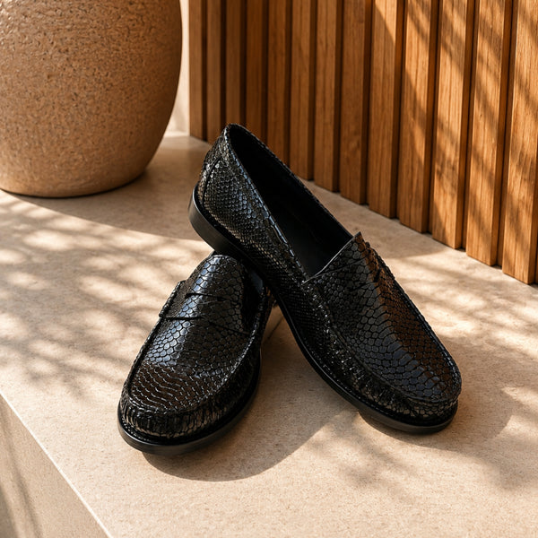 Serara glossy snake-embossed leather penny loafers for women, view 2 of 3