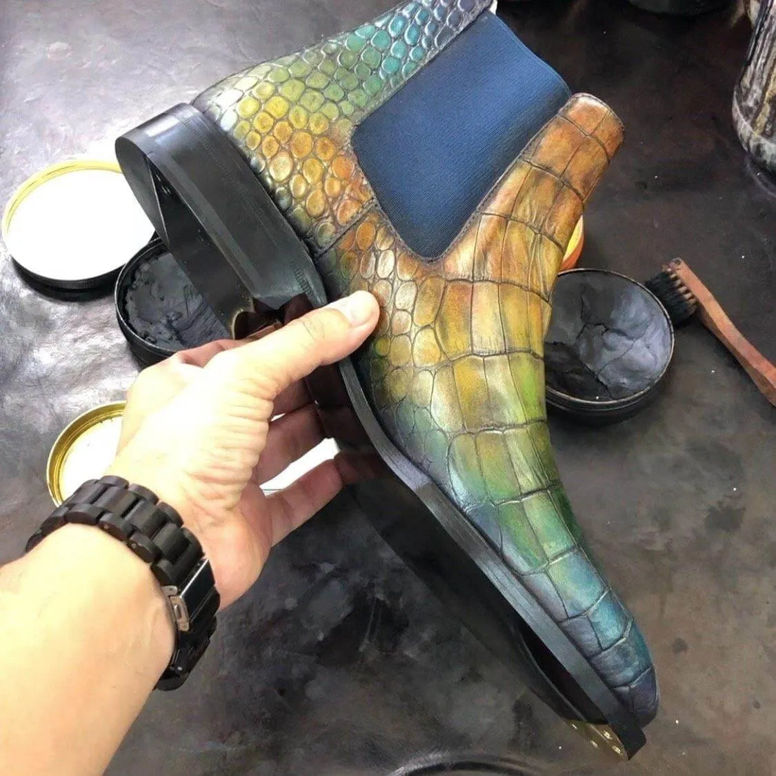 Colorful croc patina Chelsea boot showcasing multi-color patina croco embossed design
