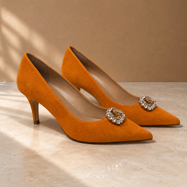 Fiorique suede mid-heel pumps with jewel brooch for women, view 3 of 3