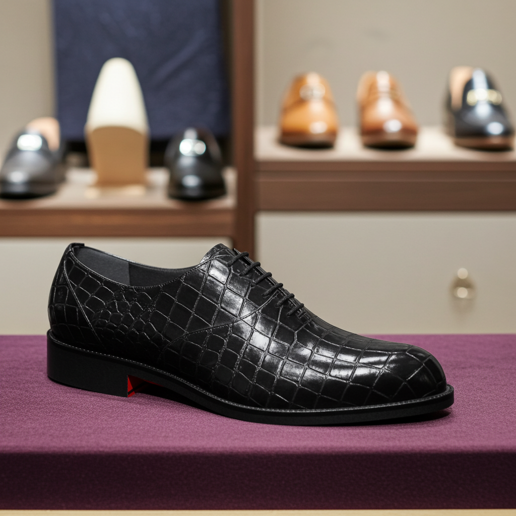 Black crocodile-patterned shoe with red sole on a purple surface, other shoes in the background.