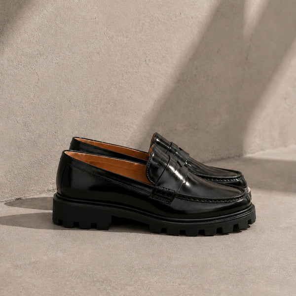 Beloria glossy leather chunky penny loafers for women, view 2 of 3