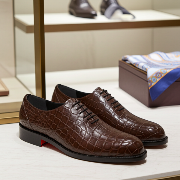 Brown crocodile-patterned dress shoes on a white surface with a blurred background