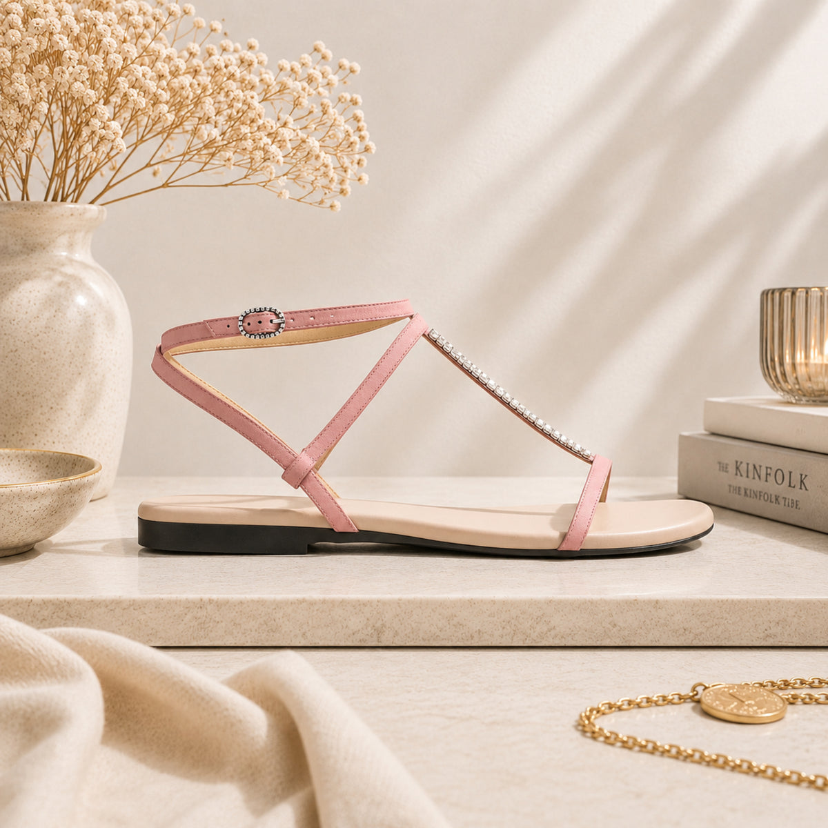 Calandre suede flat ankle-strap sandals with crystal T-bar for women, view 2 of 2
