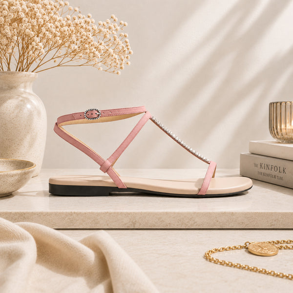 Calandre suede flat ankle-strap sandals with crystal T-bar for women, view 2 of 2