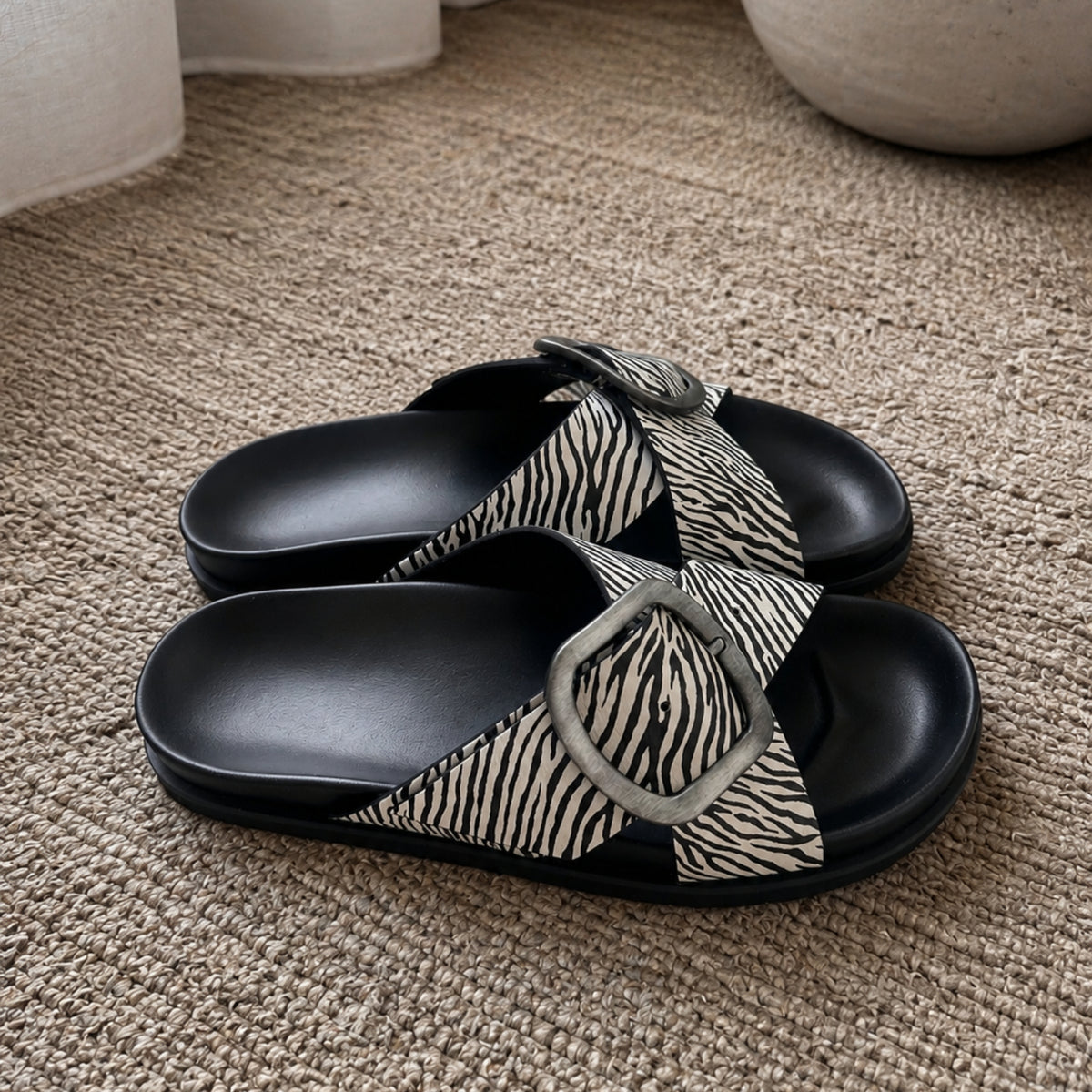Solienne zebra-print nappa leather cross-strap slide sandals for women, view 2 of 3