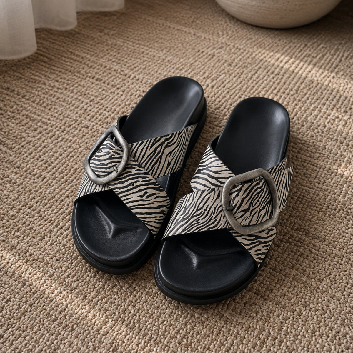 Solienne zebra-print nappa leather cross-strap slide sandals for women, view 3 of 3