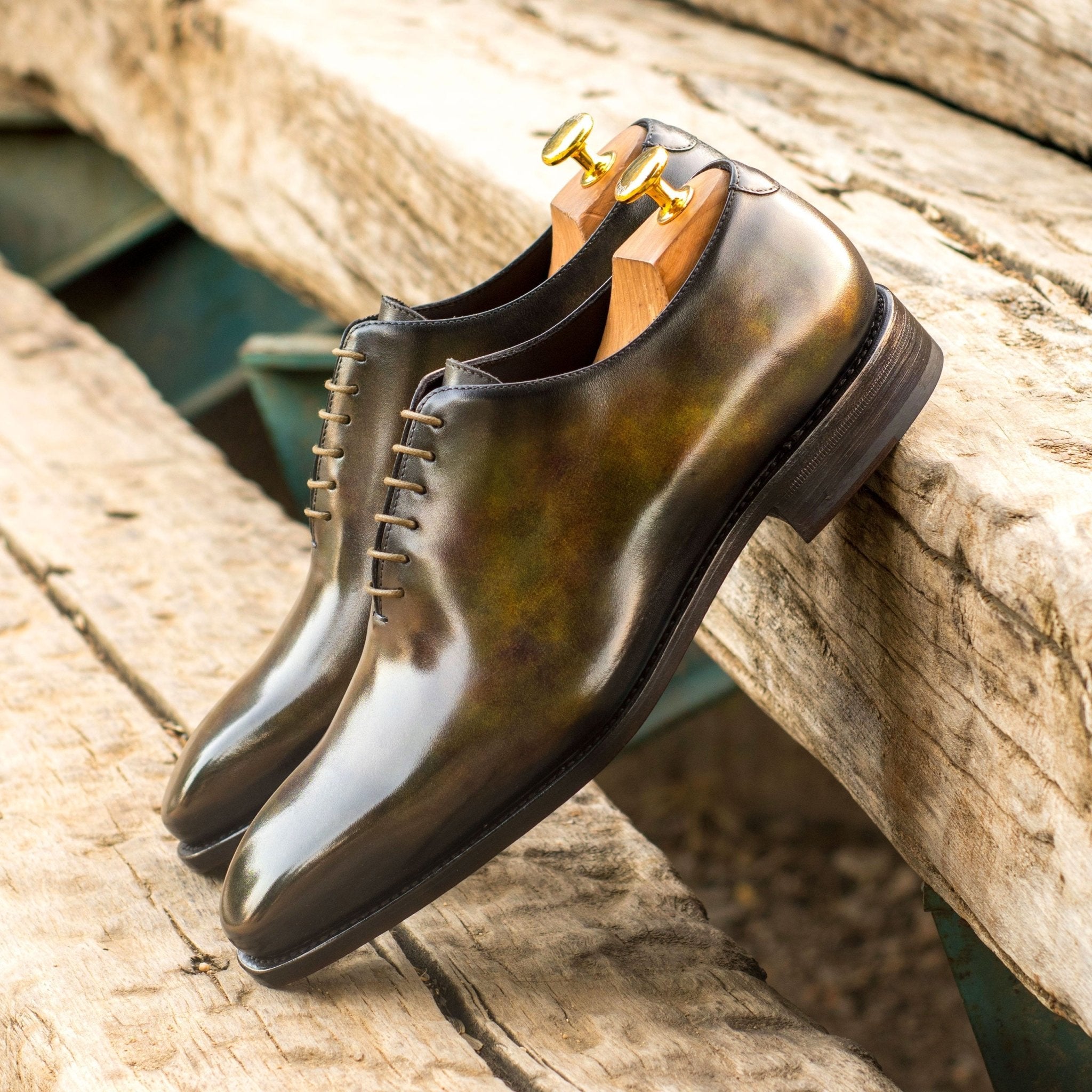 Polano Green - Leather patina wholecut oxford dress shoes.