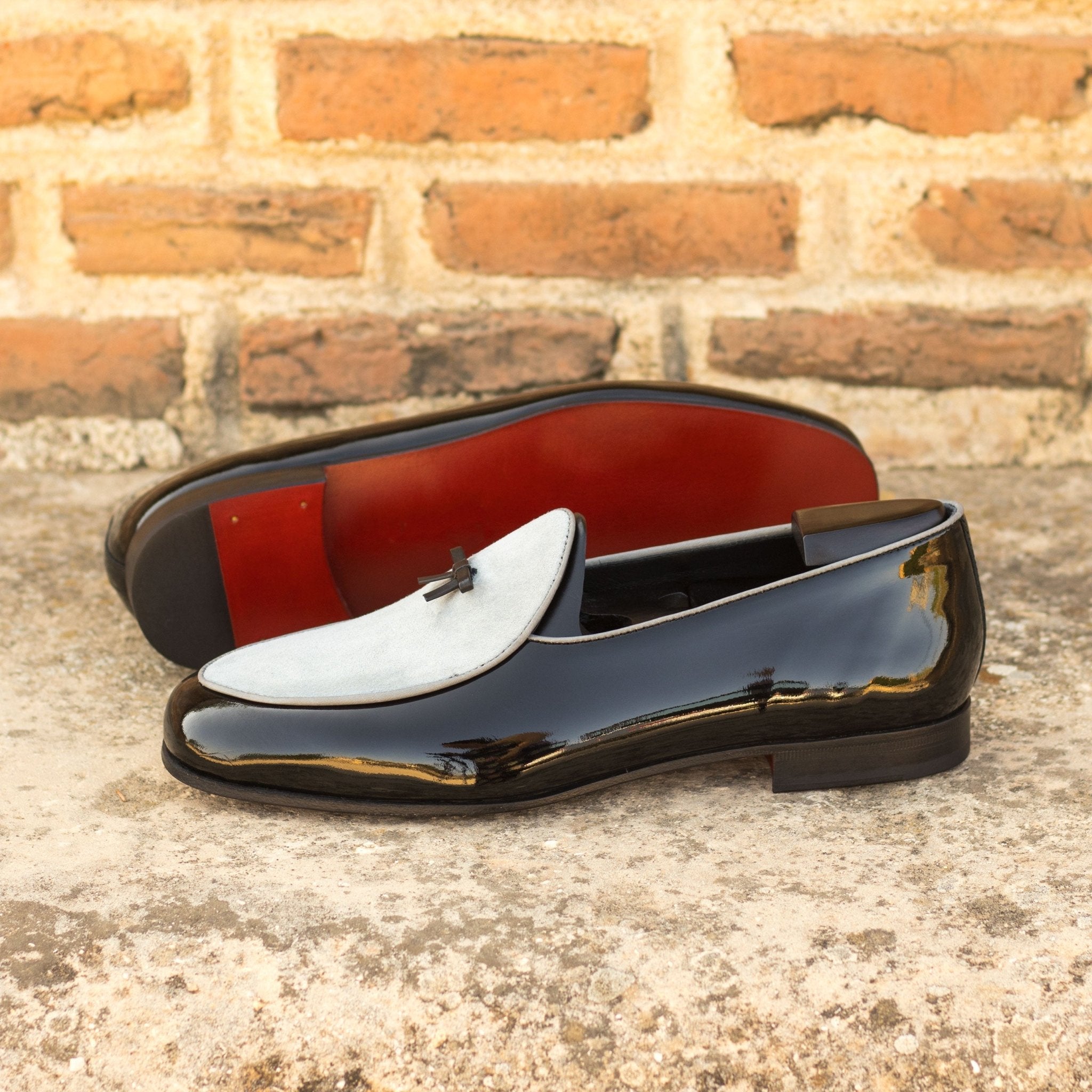 Altino2 - Black & white patent leather red bottoms Belgian loafers. Groom or Best man