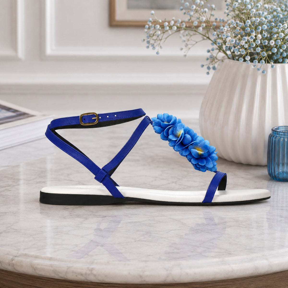 Lyrienne suede flat strappy sandals with floral detail for women, view 2 of 3