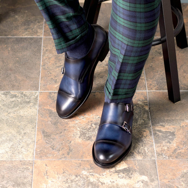 Lerza - red bottoms navy double monk strap loafer shoes for men