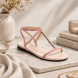 Calandre suede flat ankle-strap sandals with crystal T-bar for women, view 1 of 2