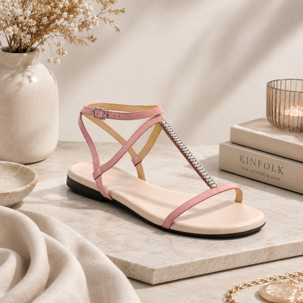 Calandre suede flat ankle-strap sandals with crystal T-bar for women, view 1 of 2