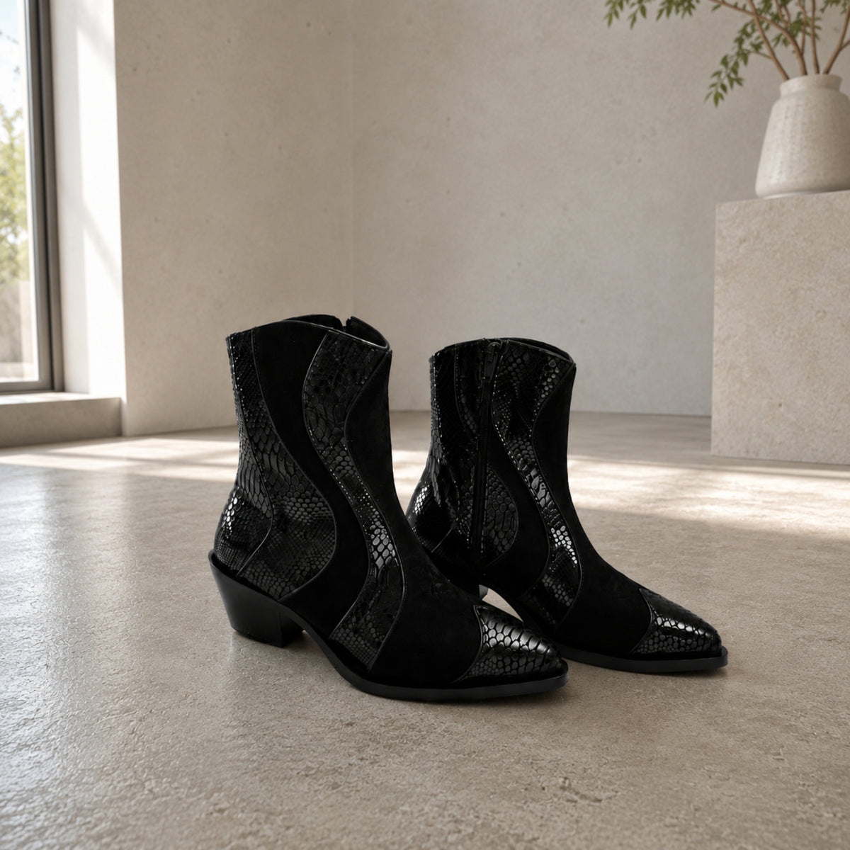 Helario suede western ankle boots with snake-print panels for women, view 1 of 3
