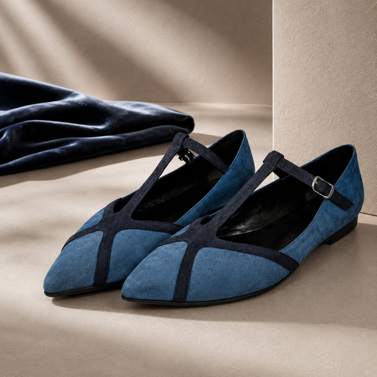 Zelandra suede T-strap pointed flats for women, view 1 of 3