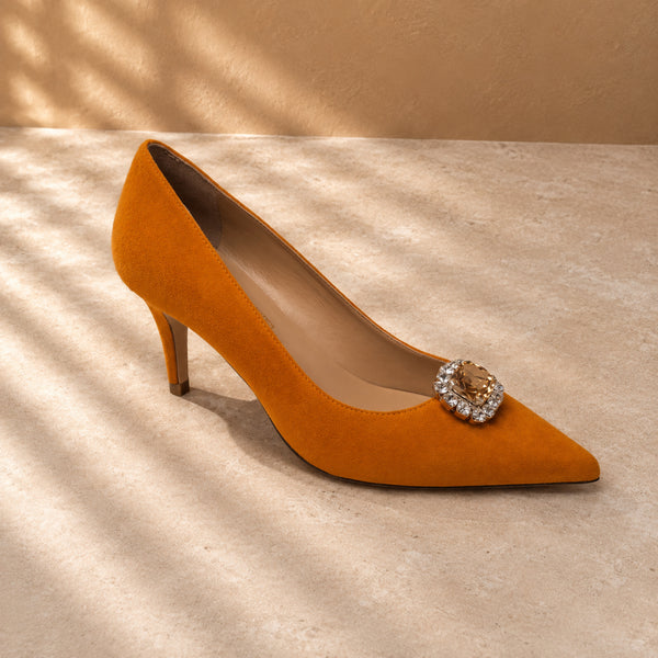 Fiorique suede mid-heel pumps with jewel brooch for women, view 1 of 3