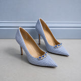 Marquista polka-dot leather stiletto pumps with crystal buckle for women, view 1 of 3