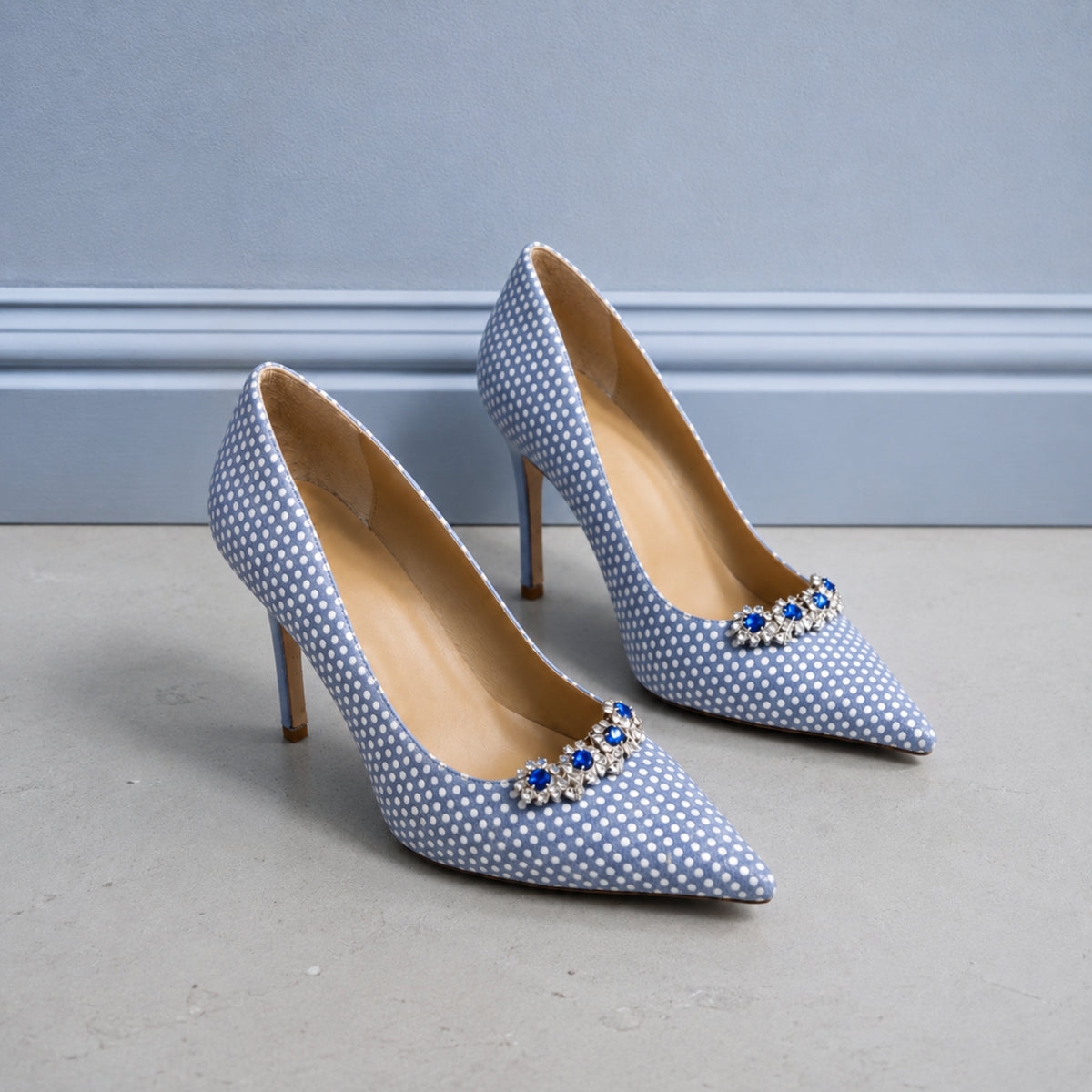 Marquista polka-dot leather stiletto pumps with crystal buckle for women, view 1 of 3